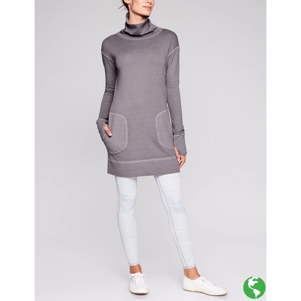 Athleta Eco Wash Turtleneck Sweatshirt Dress Silver Bells Sz S Athleisure Travel